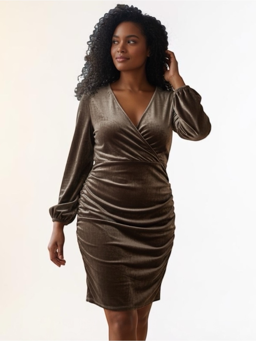 Bebe‎ Metallic Velvet Ruched Long Sleeve Bodycon Dress XL